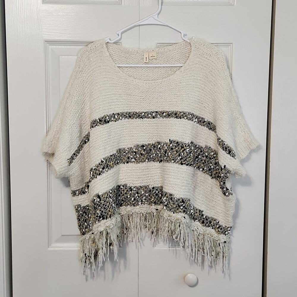 Anthropologie Moth Women's‎ Cream Sweater Poncho Size Med Cropped Boxy Stripes